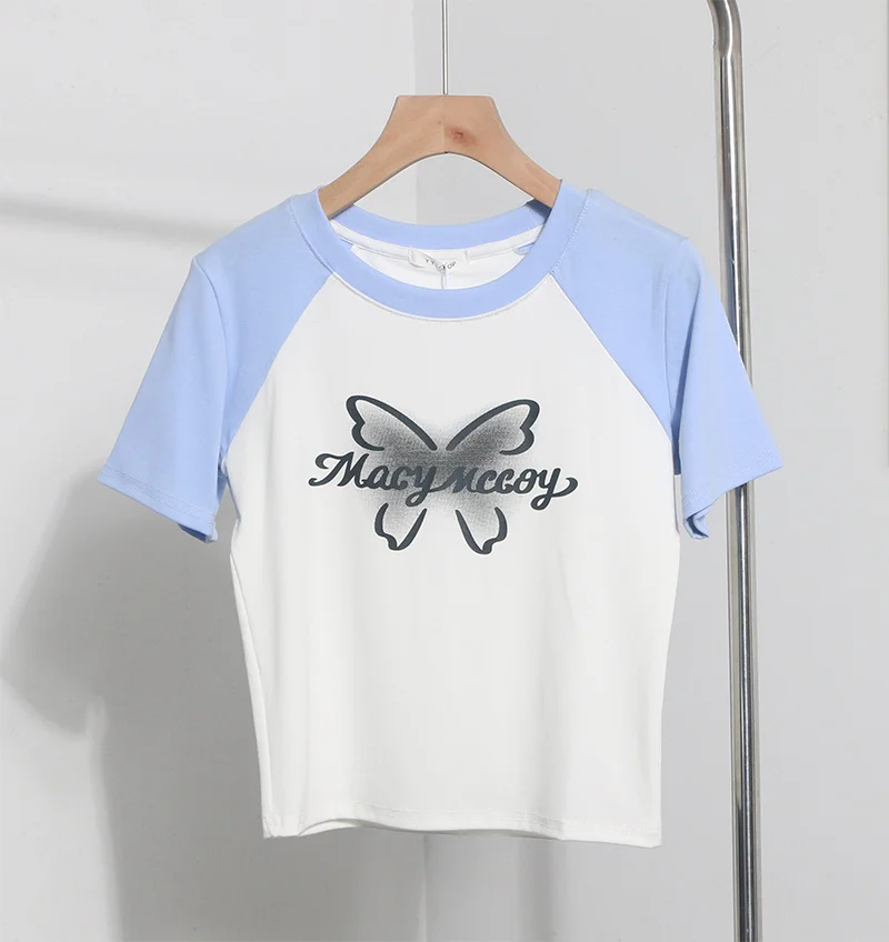 Brownm Retro Printed Short-Sleeved T-Shirt Women's Short-Coln High-Waisted Body Shirt 88899