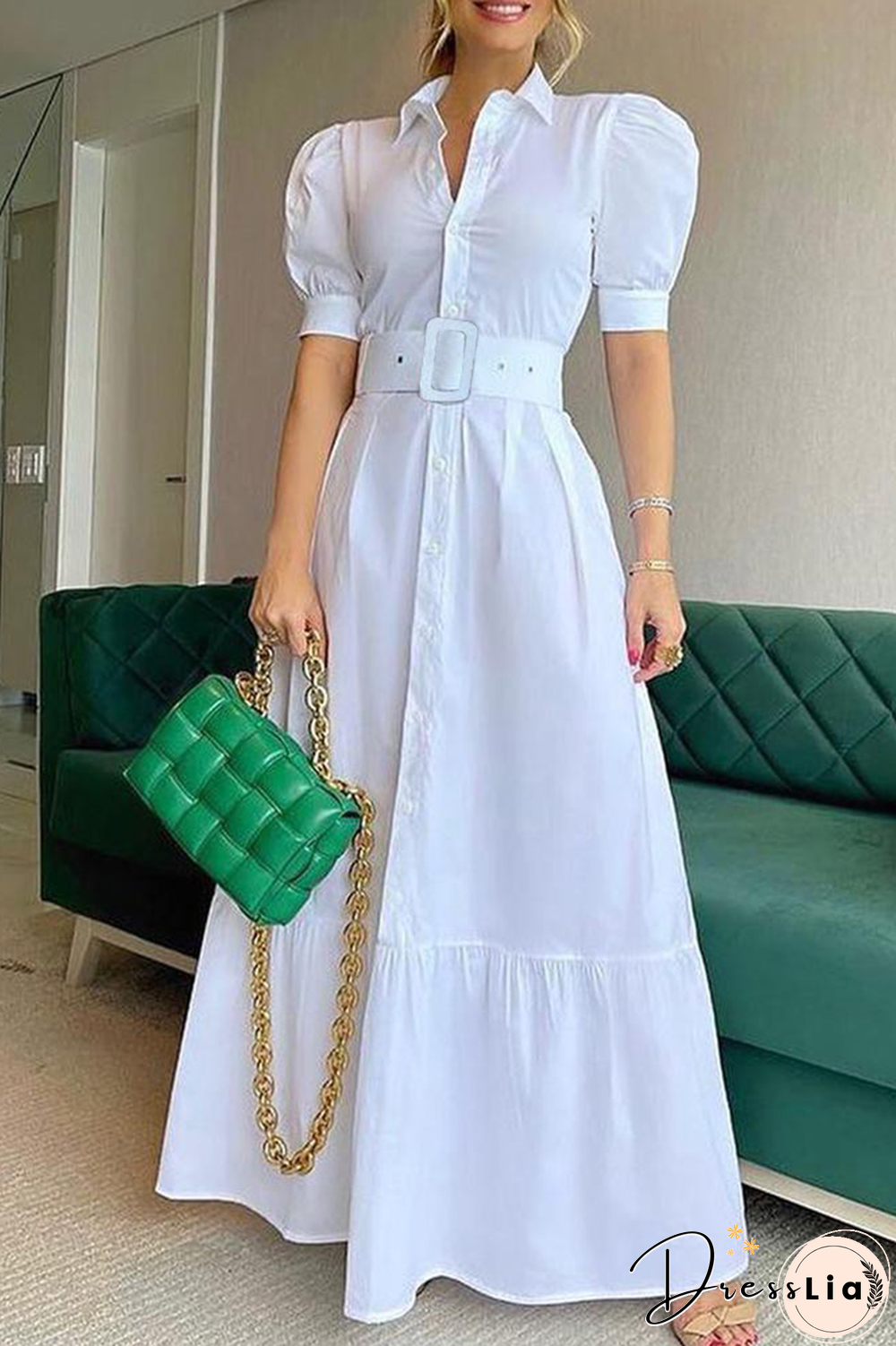 Fashion Elegant Striped Solid Buckle With Belt Shirt Collar A Line Dresses