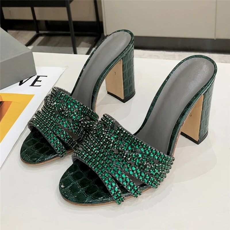 VCSHOES Crystal Sandals Women High Heel Open Toe Genuine Leather Stone Grain Rhinestone Runway Shoes Woman