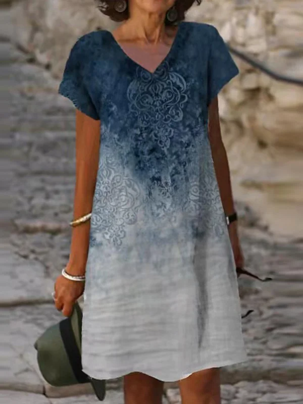 Fashion Print V-Neck Short Sleeve Dress