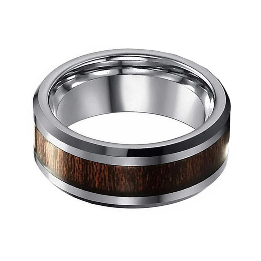 8MM Silver Tungsten Carbide Wedding Band Wood Inlay Bevel Edge For Men