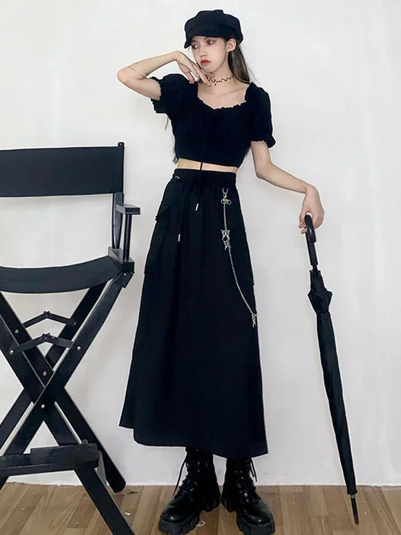 Gothic Lolita SK Black Polyester Daily Casual Long Lolita Skirts Novameme
