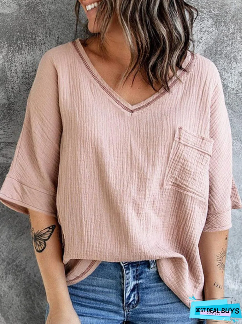 V-Neck Solid Color Loose Casual Short-Sleeved Blouse Linen