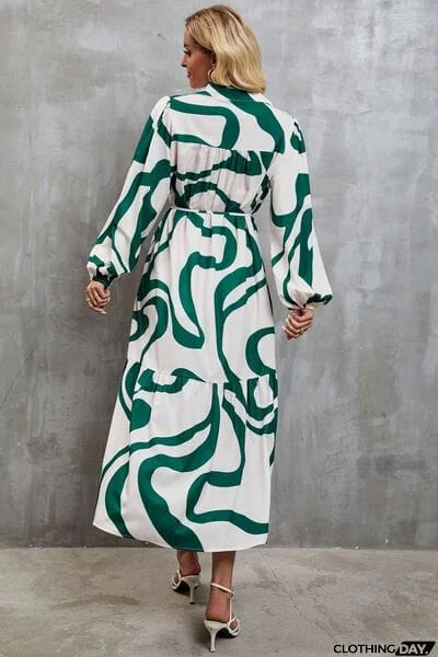 Tie-Waist Printed Button Up Dress