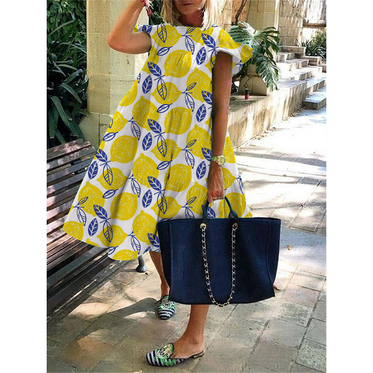 Women's  Lemon Print Holiday Dress socialshop