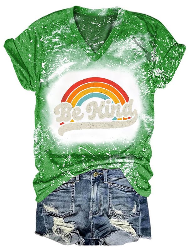 Short Sleeve V Neck Gradient Be Kind Letter Printed T-shirt