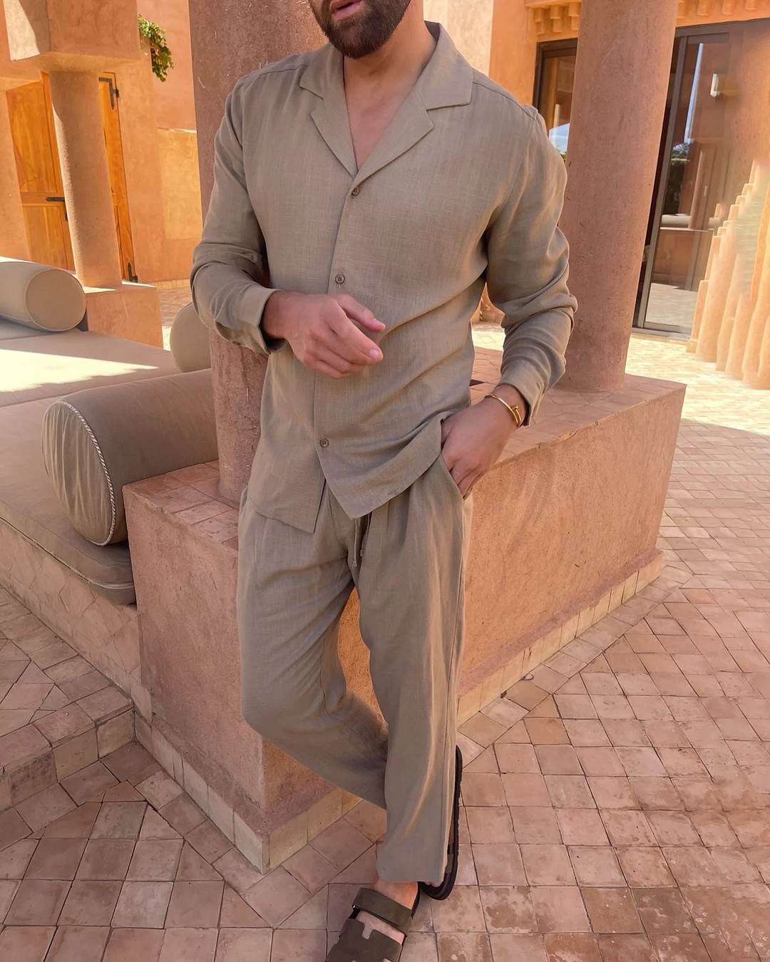 Men's brown linen long-sleeved shirt and trousers two-piece set