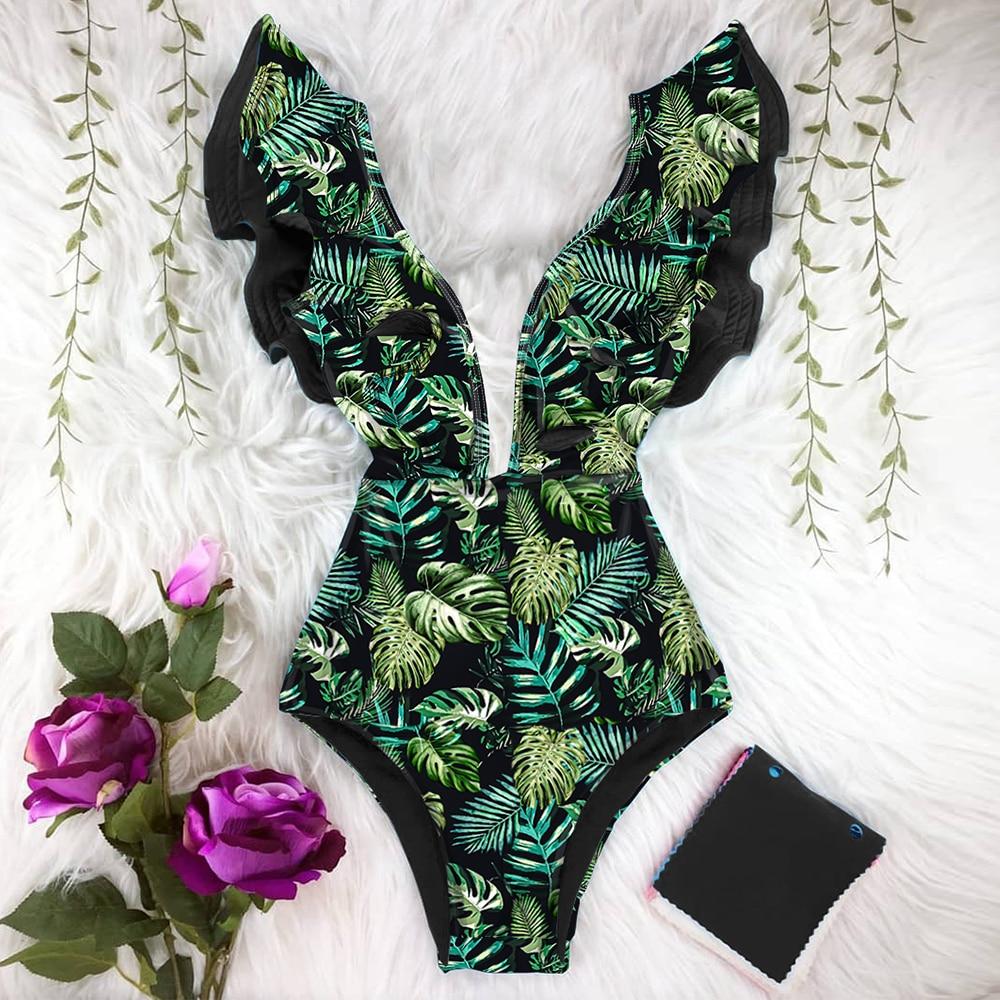 ABEBEY 2023 New  Ruffle Print One Piece Swimsuit Off The Shoulder Swimwear Women Solid Deep-V Beachwear Bathing Suit