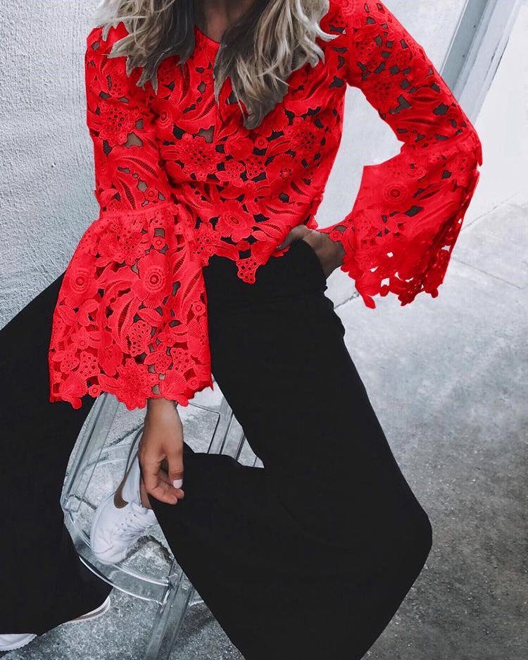 Hollow Out Lace Flare Sleeve Casual Blouse