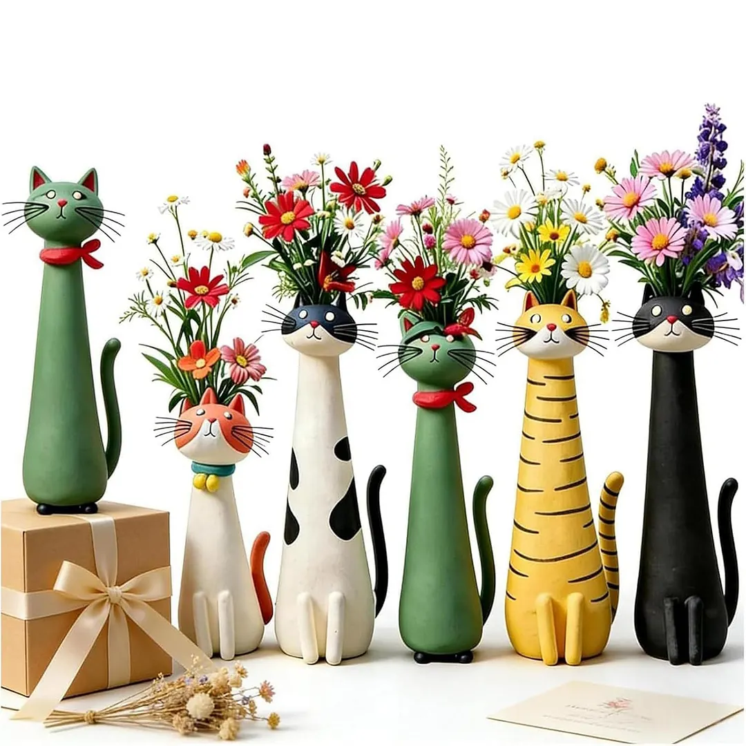 Handcrafted Quirky Cat Vase Modern Whimsical Resin Cat Flower Vase Creative Ornament for Living Room Office Study Home Decoration