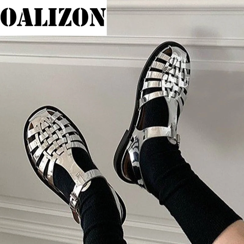 New Summer Women's Casual Low Chunky Heels Sandals Flat Shoes Women Buckle Strape Slippers Hollow Out Woven Sandals Shoes Woman