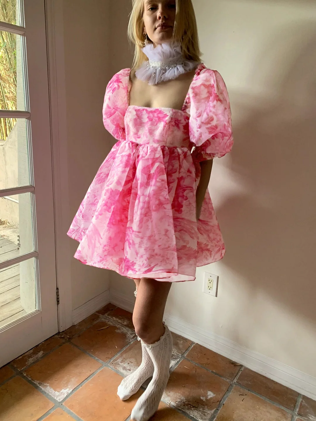 Brownm Printed Square Collar Lantern Short High Waist Sleeve Women's Backless Puffy Dress