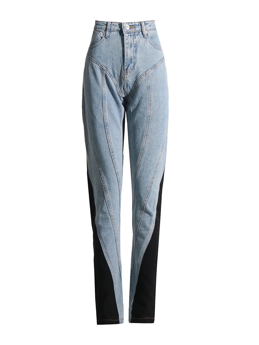 Wongn Wongn Niche Design 2024 New Middle Waist Contrast Color Splicing Washed Light Color Small Foot Jeans Trousers