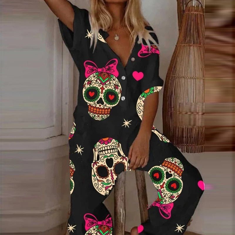 2021 new European and American fashion printed skull jumpsuit cargo pants women