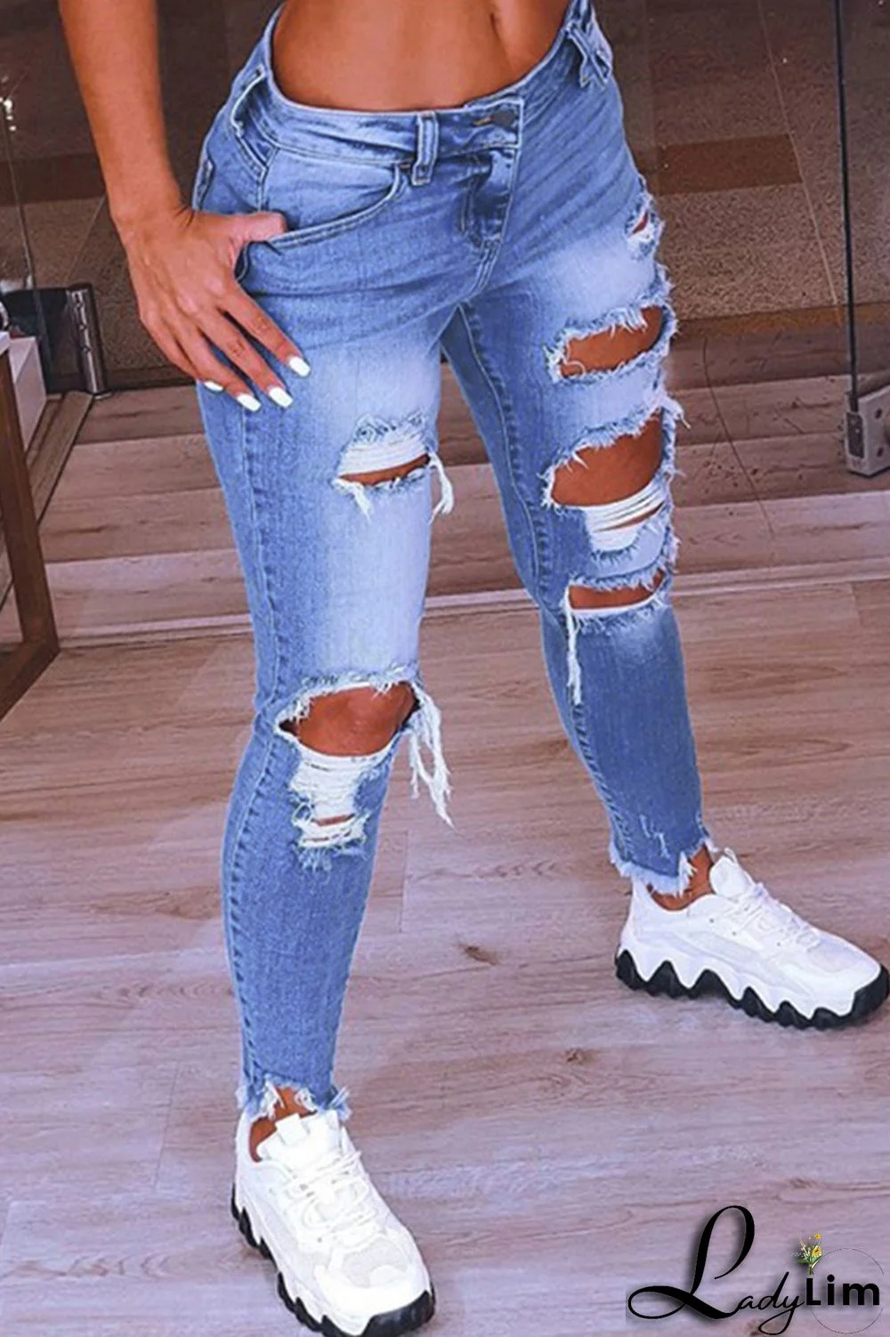 Dark Blue Fashion Casual Solid Ripped Low Waist Skinny Denim Jeans