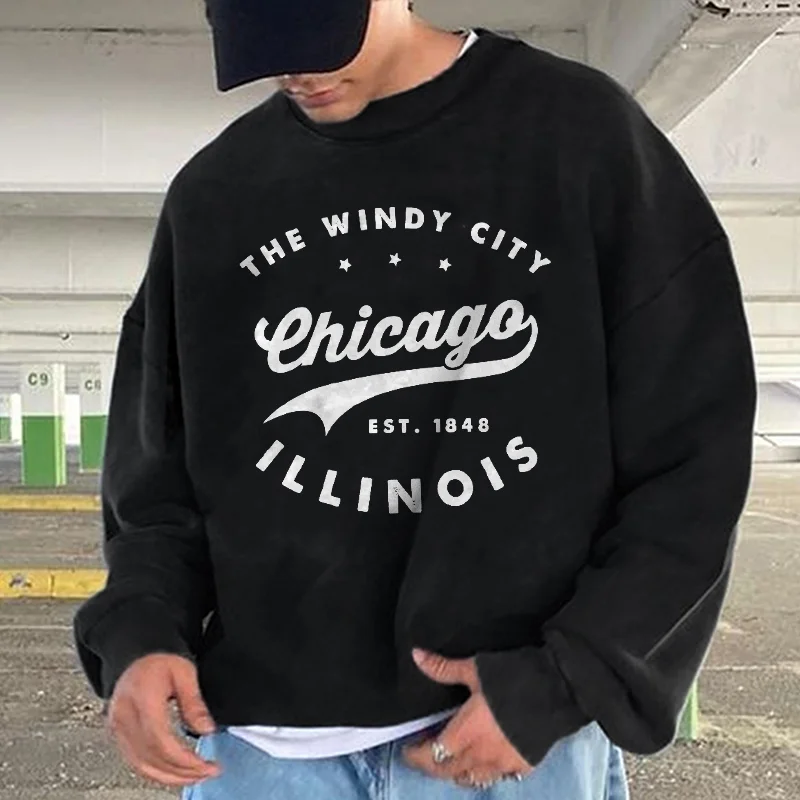 chicago Print Hoodie With Kangaroo Pocket, Men's Casual Pullover