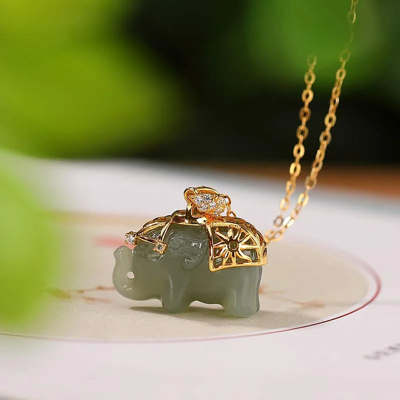 925 Sterling Silver Jade Elephant Blessing Fortune Necklace Chain Pendant
