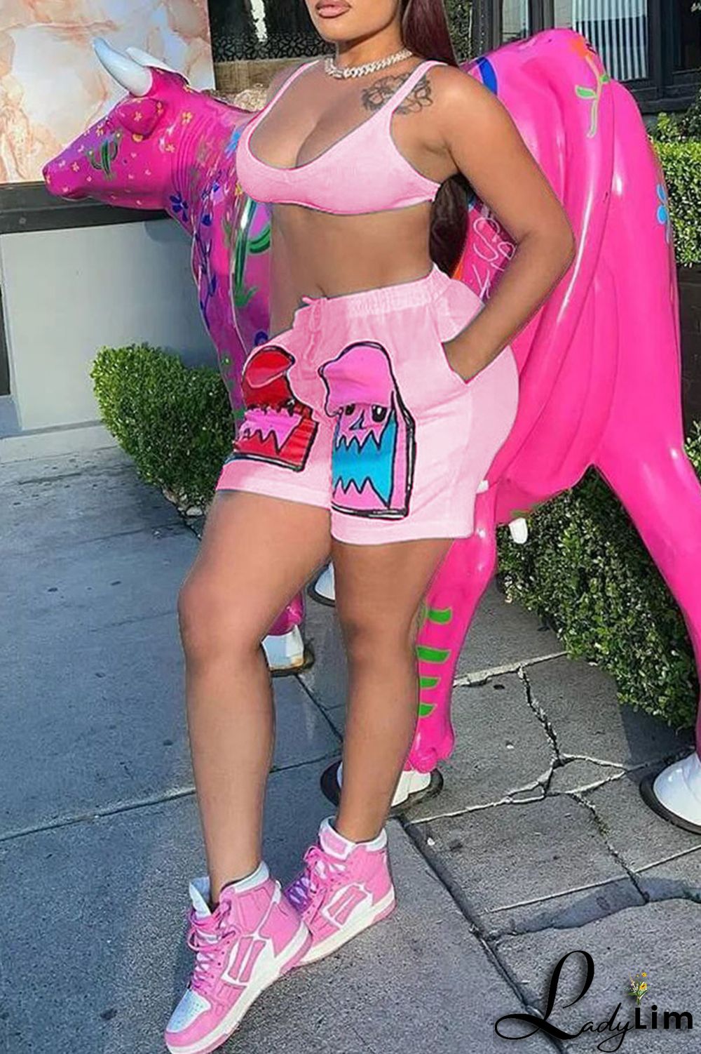 Pink Casual Print Patchwork Spaghetti Strap Sleeveless Two Pieces