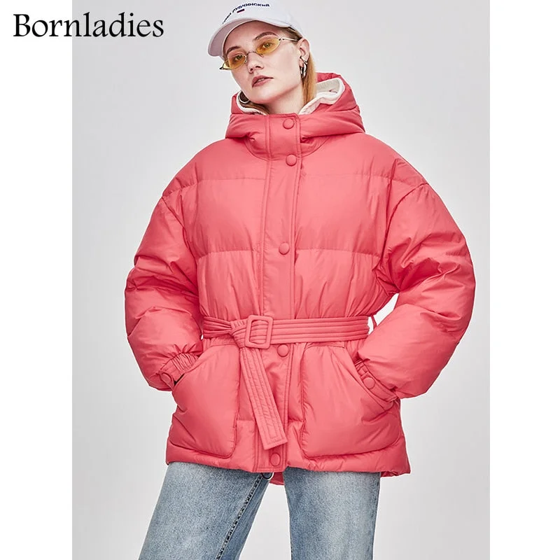Bornladies 2022 Winter New Fashion Street Designer Brand Womens White Duck Down Jacket Pretty Girls Outerwear Coat With Belt