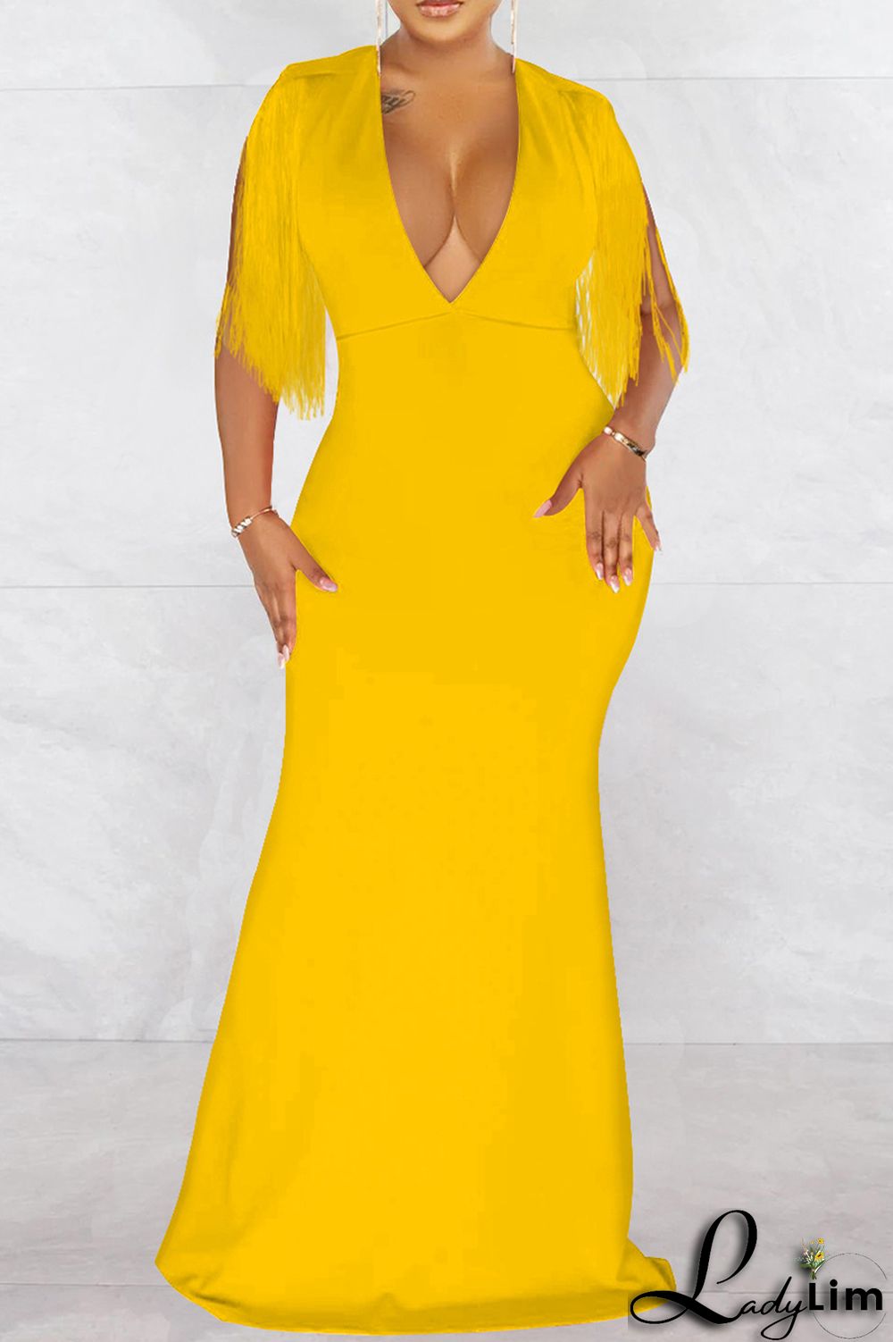 Red Fashion Sexy Solid Tassel Patchwork V Neck Long Dress