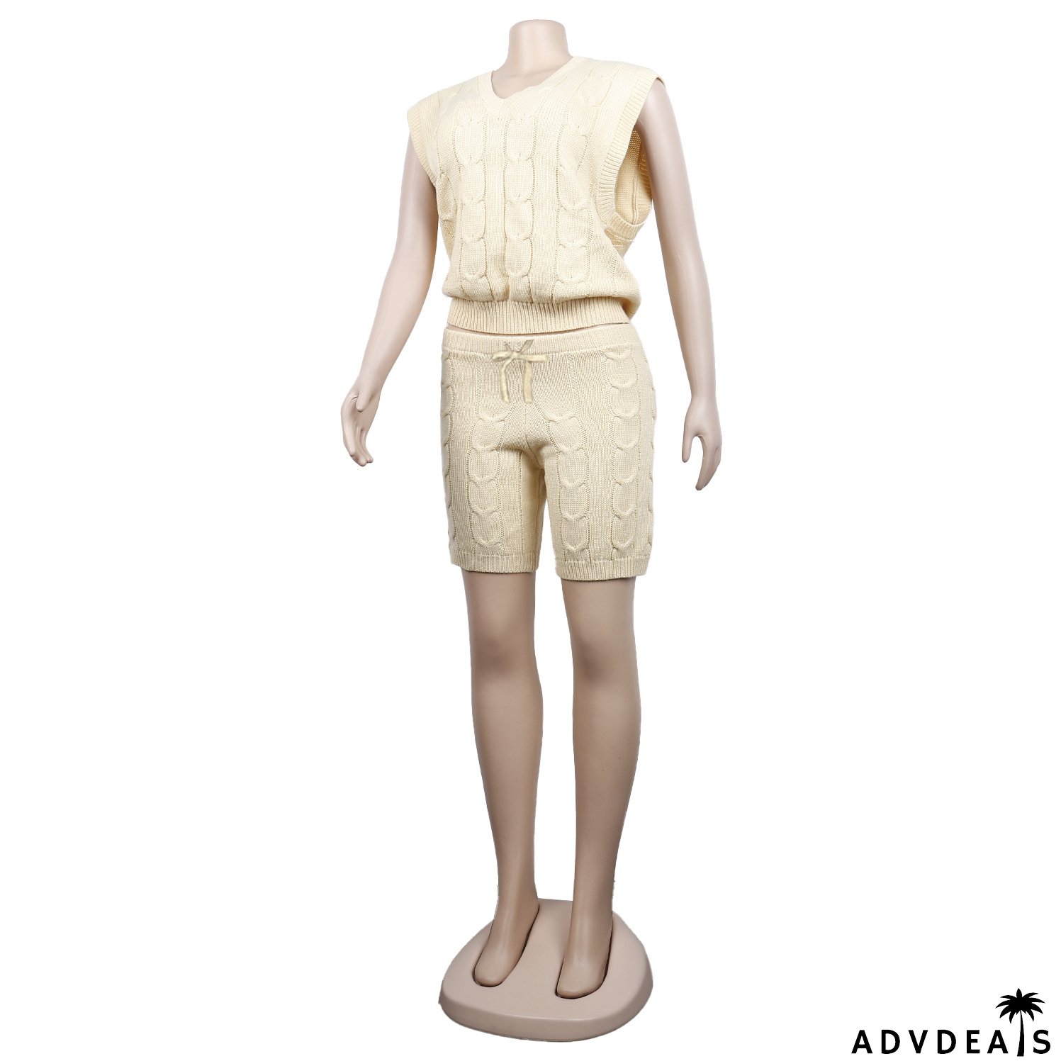 Sexy Solid Deep V Neck Sleeveless Loose Sweater Slim Shorts Two Piece Set