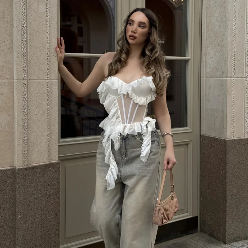 Uveng Uveng Autumn New Women's Sexy Pure Desire Flounce A Word Shoulder Slim Wrapped Vest Jacket