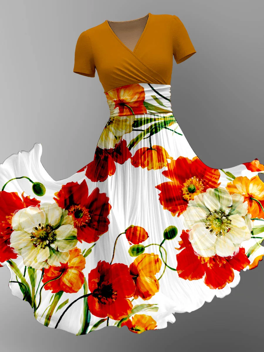 Women's Poppy Print Graphic Flowy Short Sleeve Dress