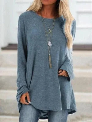 Women's Pure Color Casual Round Neck Loose Long Sleeve T-Shirt