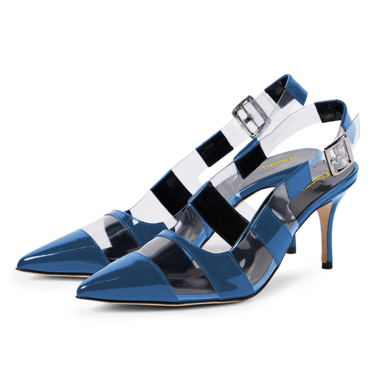 Blue Patent Pointed Toe Clear Striped Buckled Slingback Heels Nicepairs