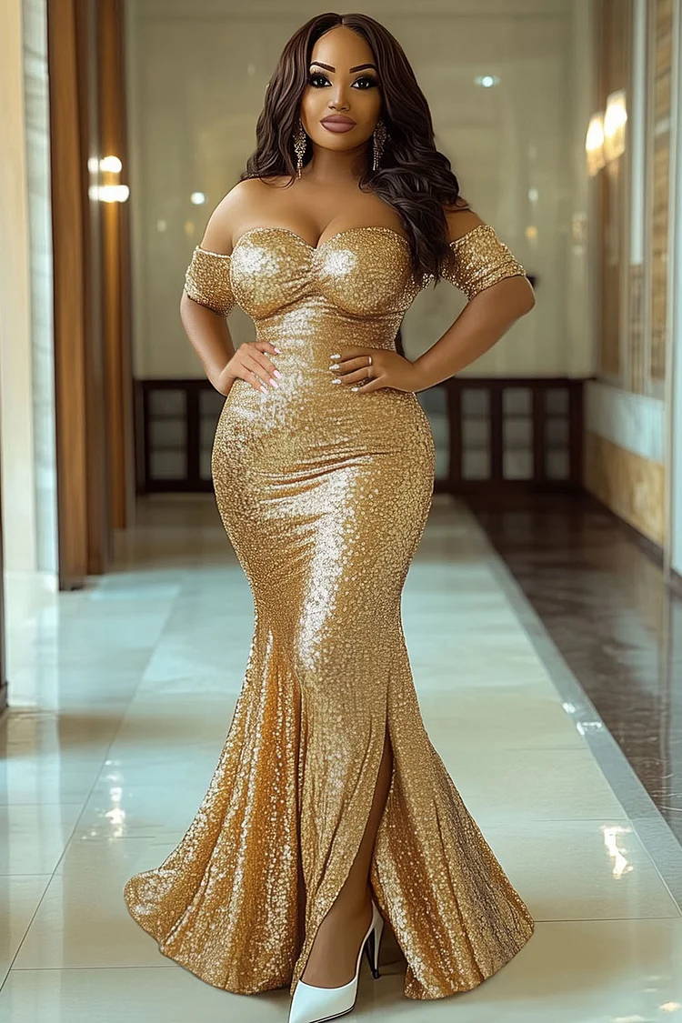 Sequin Off Shoulder Slit Formal Party Maxi Fishtail Dresses-Gold [Pre Order]