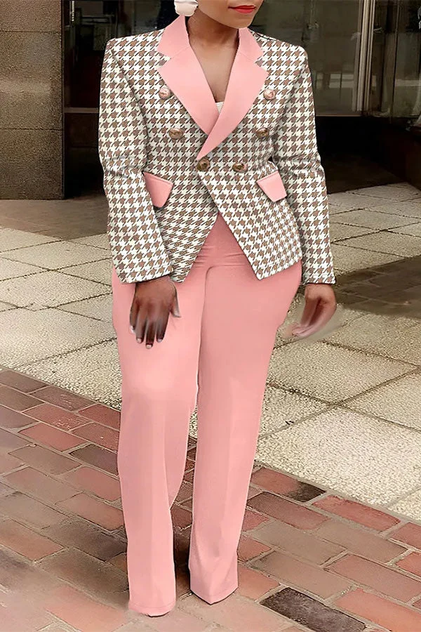 Patchwork Houndstooth Pretty Notched Lapel Pant Suit