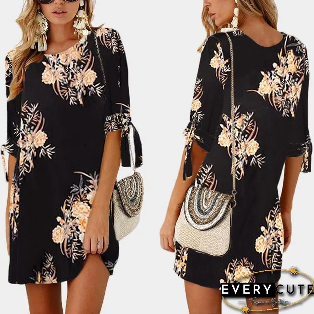 Women Chiffon Floral Print Mini Dress Boho Beach Half Sleeve Elegant Dress Black Dresses