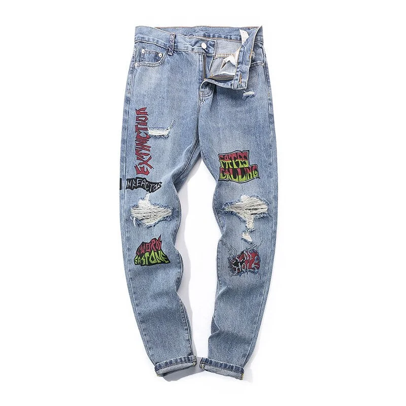 High Street Hole Retro Graffiti Black Skull Jeans Men's Original Straight Slim Punk Pants Calca Masculina Denim Trousers