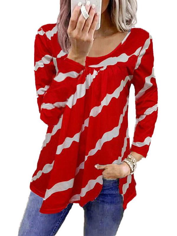 Women Long Sleeve Scoop Neck Striped Stitching Top
