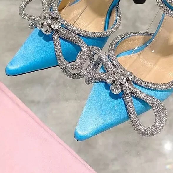 Cartoonh style Glitter Rhinestones Women Pumps Crystal bowknot Satin Summer Lady Shoes Genuine leather High heels Party Prom Shoes