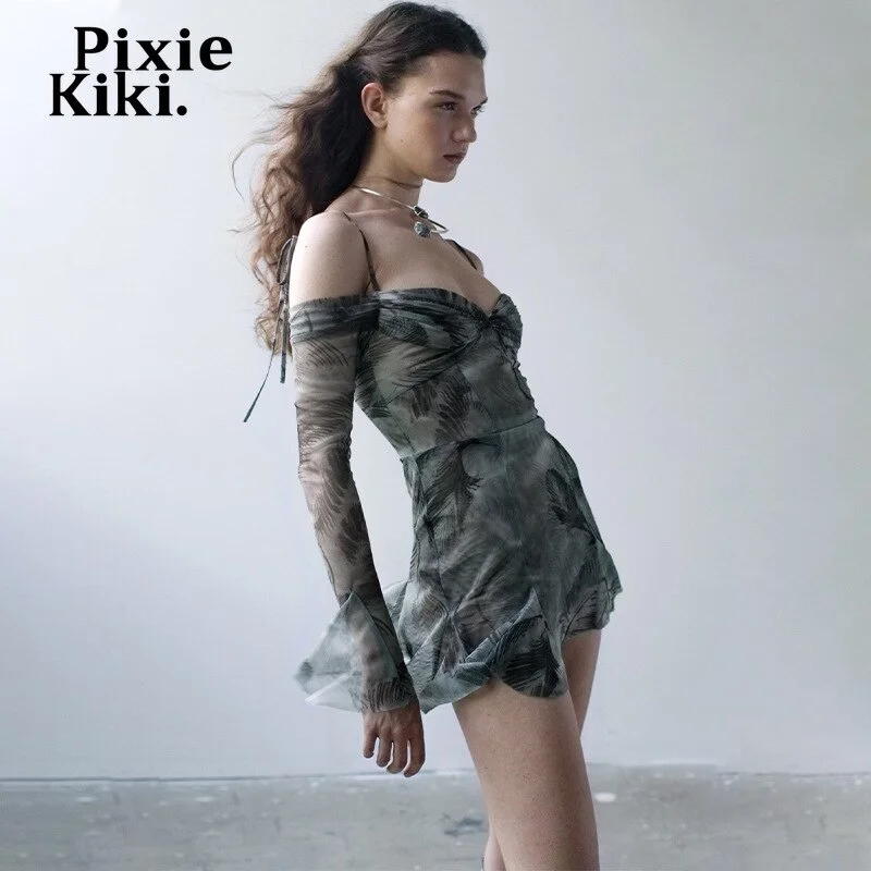 uveng Off The Shoulder Long Flare Sleeve Mini Dress Y2k Grunge Fairycore Mesh Dresses Viintage Clothes Women P95-FZ32