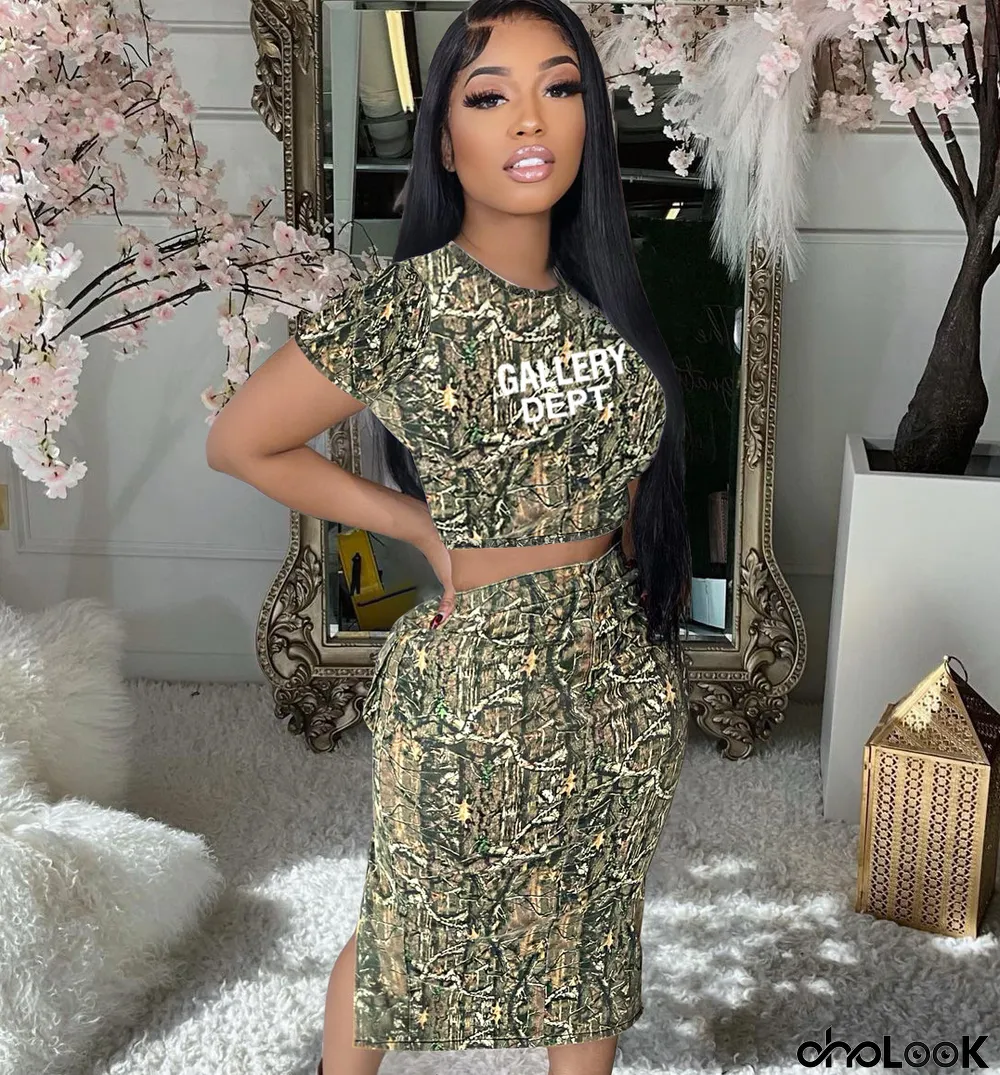 Women's Street Trend Camouflage Floral Slit Bodycon Mini Skirt Short Sleeve Set