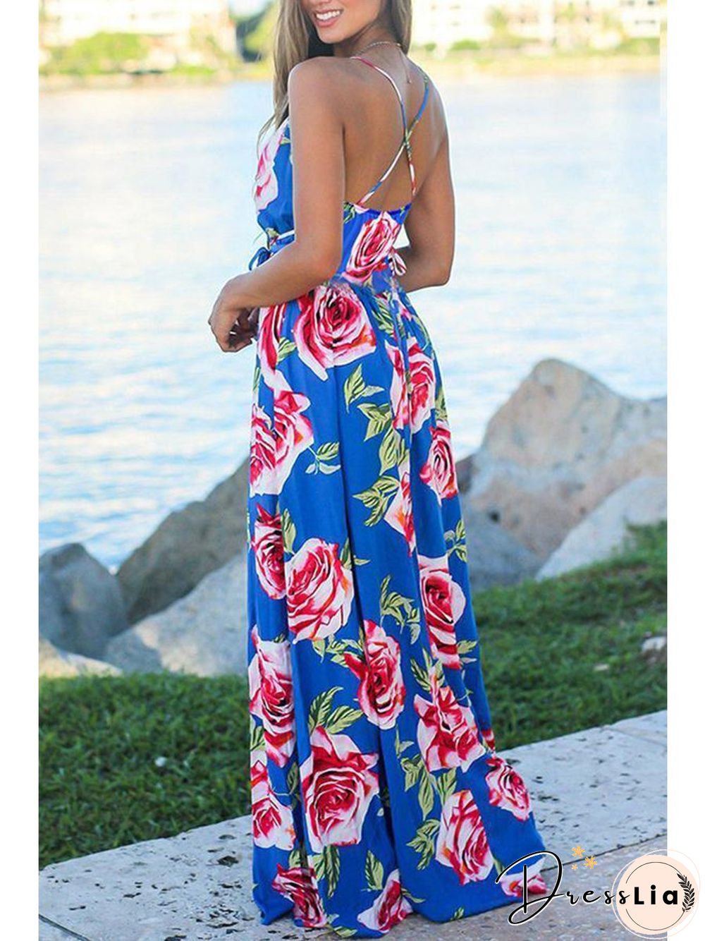 Beach Sling Leak Back Flower Print Maxi Dress P10165