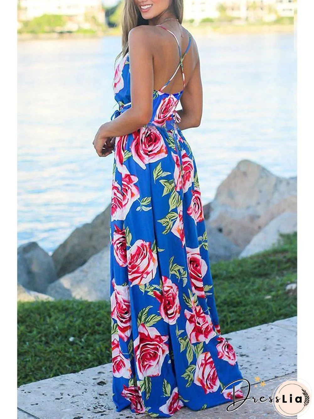 Beach Sling Leak Back Flower Print Maxi Dress P10165