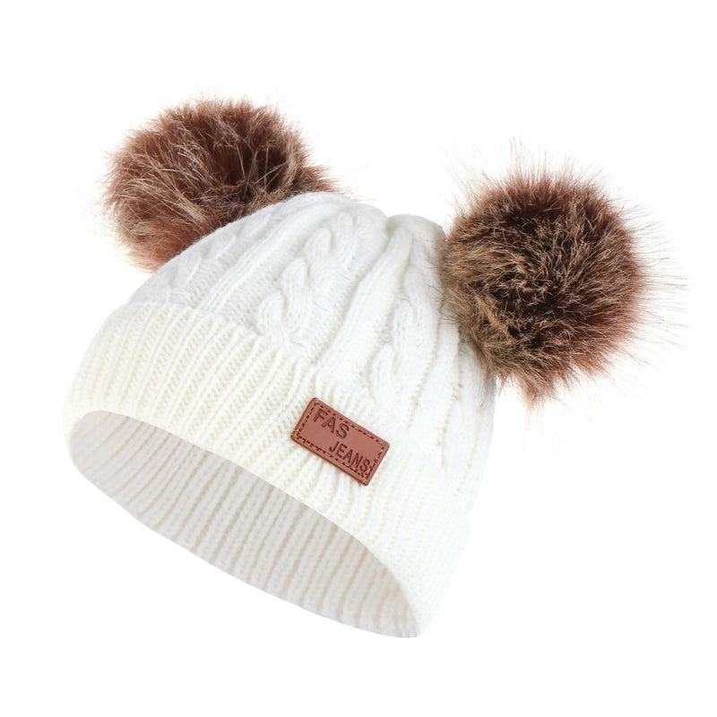 Autumn And Winter Children’s Thickened Wool Hat Ear Double Hair Ball Warm Ear Protection Knitted Hat Set With Standard Solid Color Hat