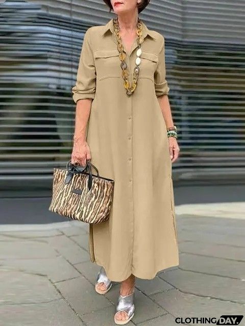 Women Fashion Casual Solid Color Long Sleeve Button Laps Plus Size Dress