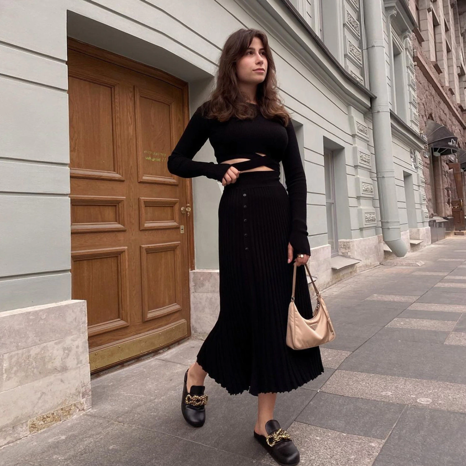 Ootddress New White Knit Two Piece Women Sets Fall Ribbed Crop Top And Pleated Knitted Skirt Suits For Women Midi Dress Sets 2025