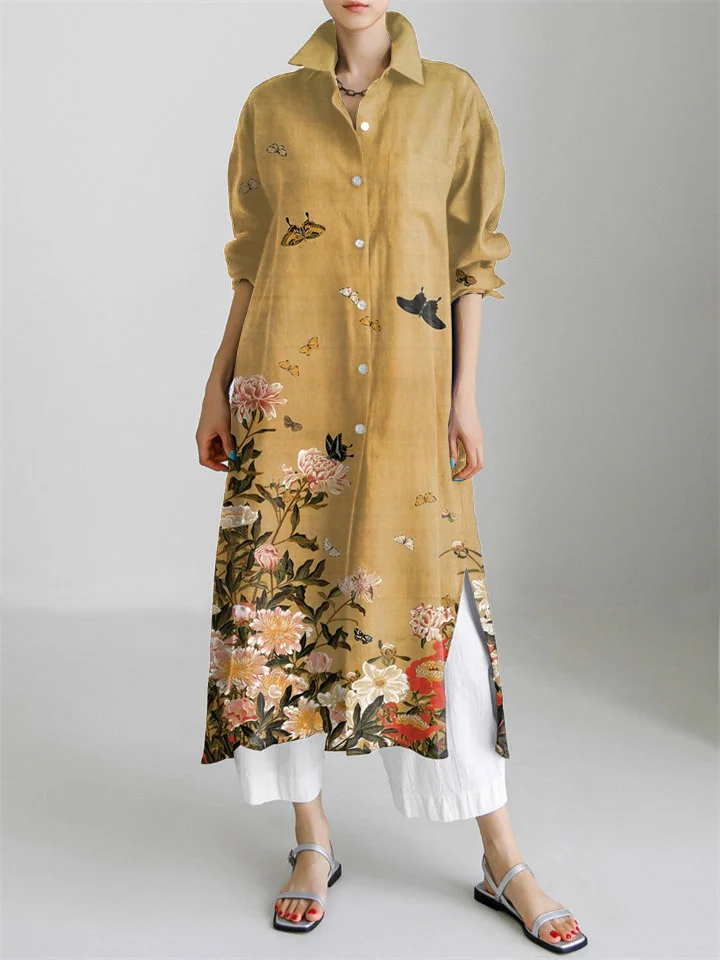 Butterflies Among Flowers Japanese Art Pattern Long Sleeve Slit Shirt Dress