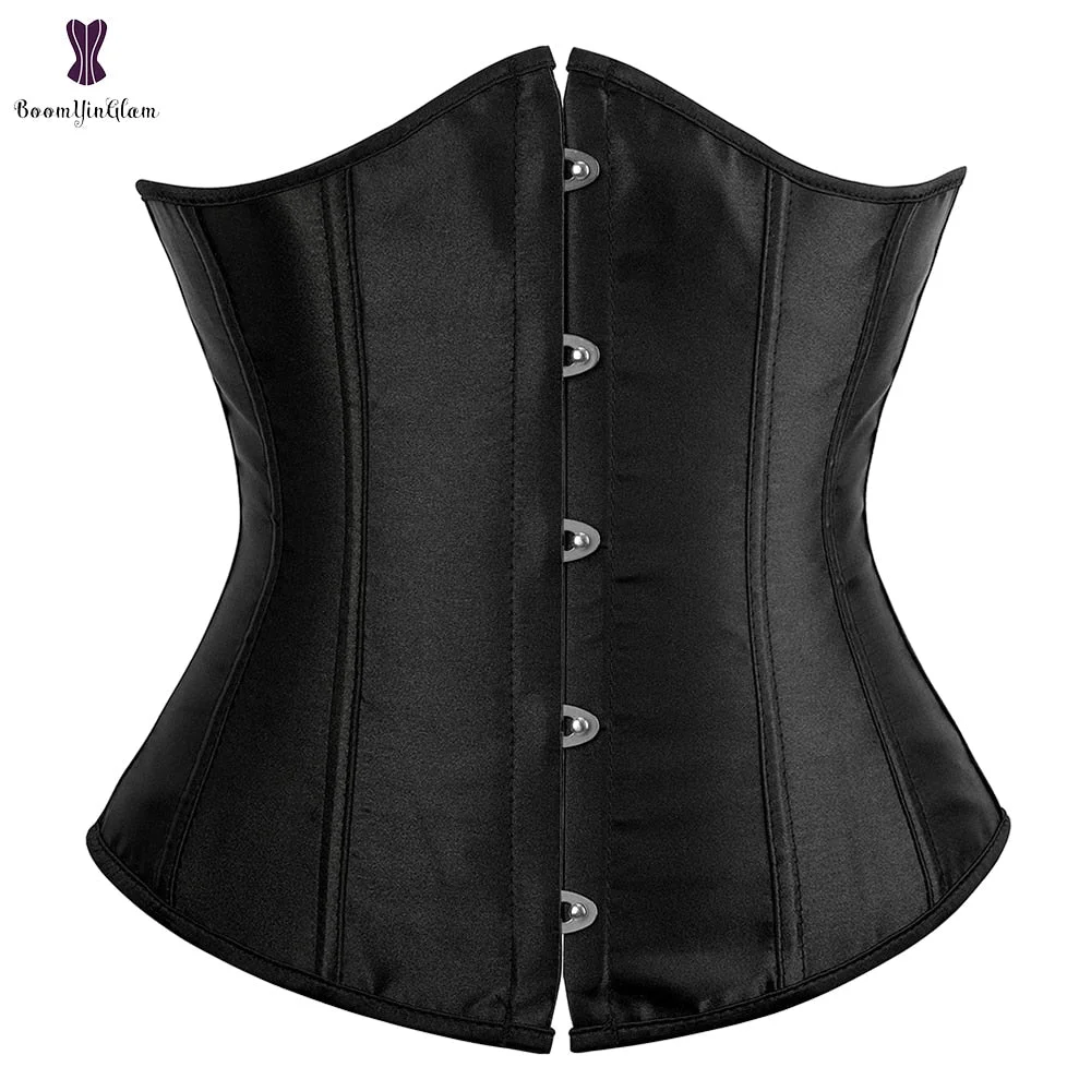 Satin Women's Slimming Outfit Clothes Waist Cincher Lace Up Boned Bustier Top Underbust Corset With G String 28335#