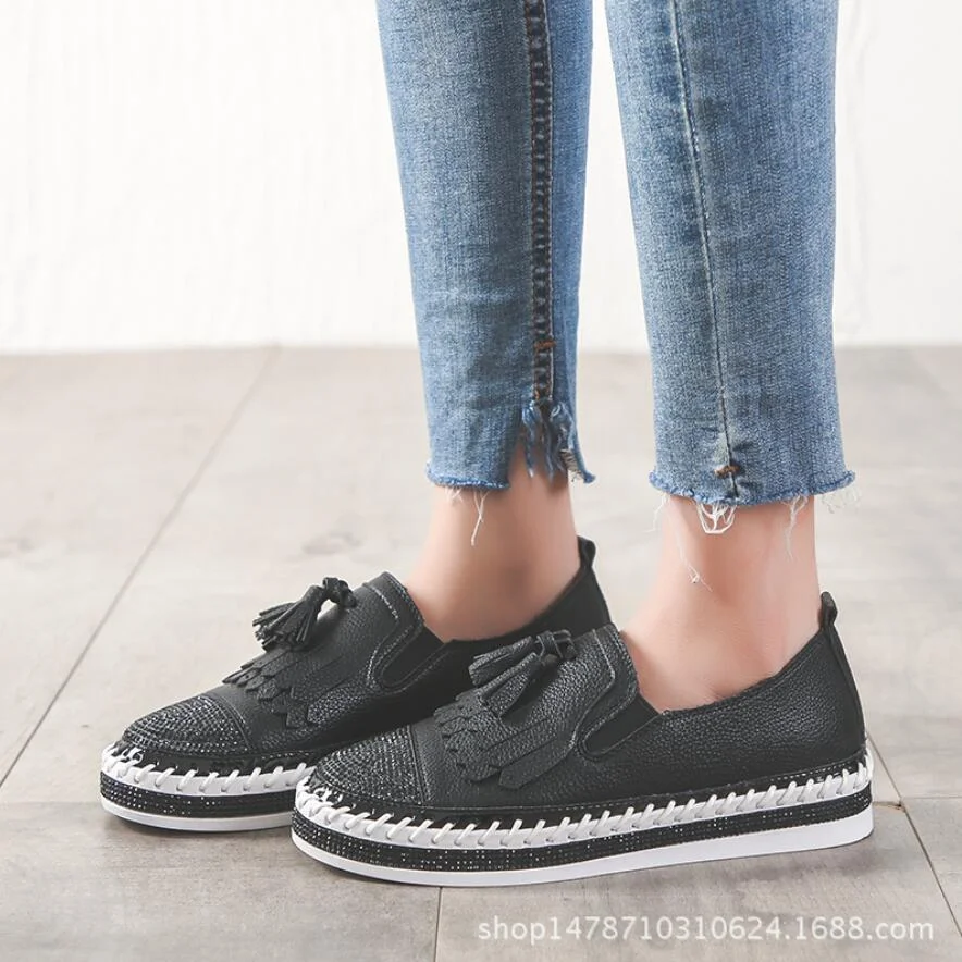 Crystal Small White Leather Shoes Women Tassel Espadrilles Creepers Fishermen Flats Ladies Loafers Handmade Leather Moccasins