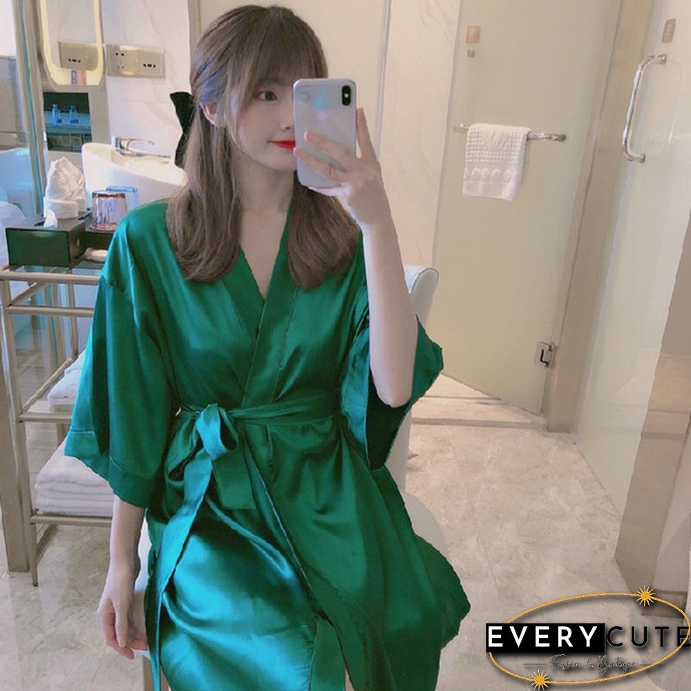 Japanese Robe for Sexy Ladies: Half-Sleeve Ice Silk Mini Night Dress Gown Bathrobe