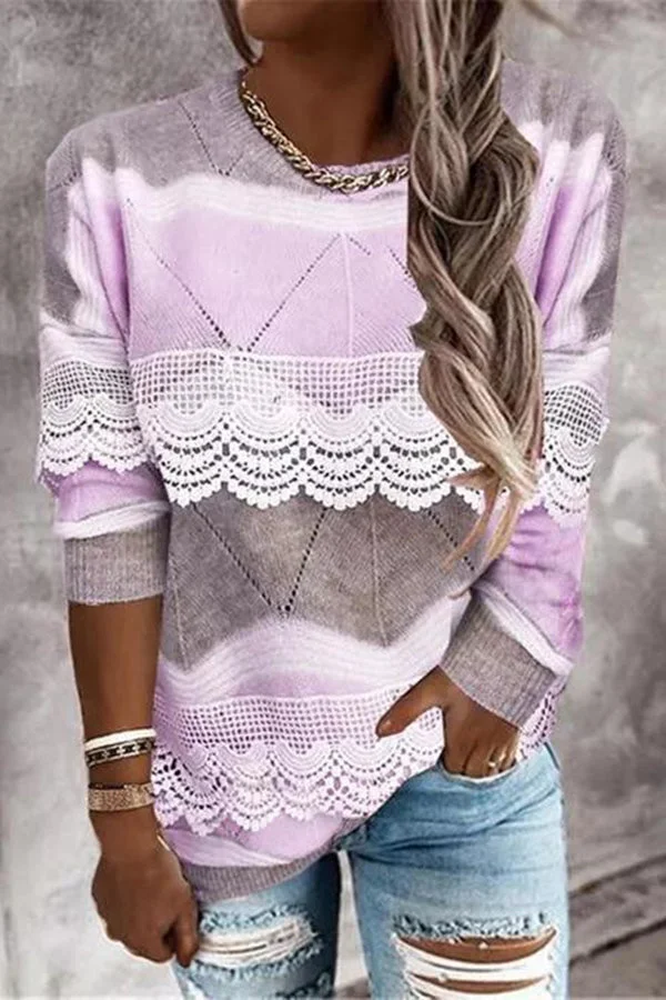 Round Neckline Color Block Casual Regular Sweaters