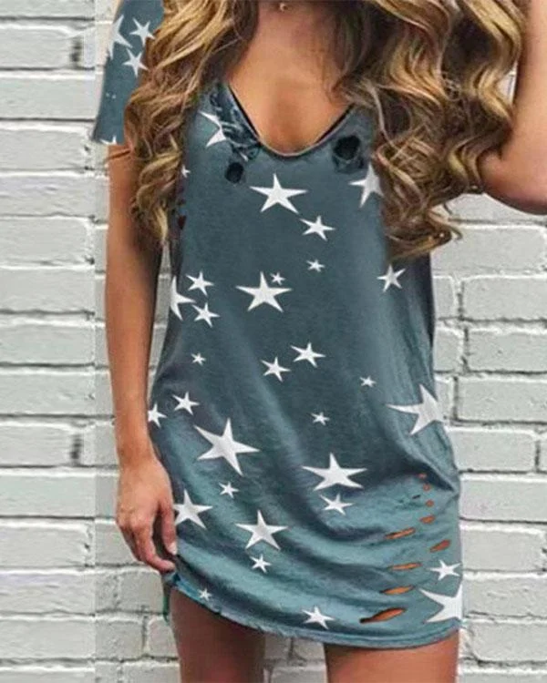 Star Print Sleeveless Casual Mini Dress