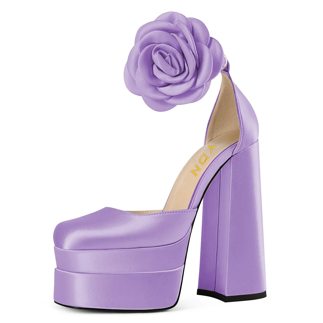 Purple Satin Square Toe Flower Ankle Strap Platform High Heels
