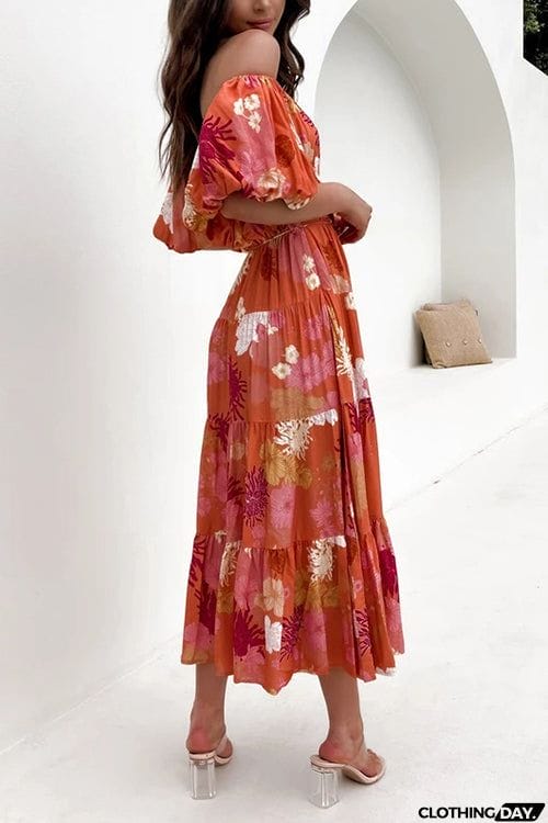 Floral Off Shoulder Shirring Maxi Dress